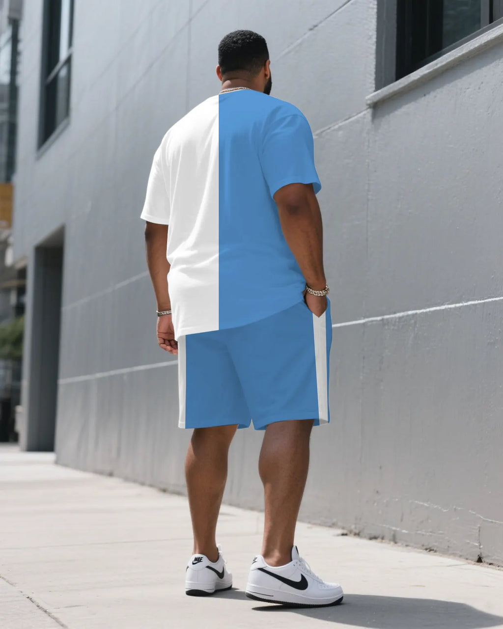 Big & Tall White Blue Streetwear T-Shirt Pants Set for big men view 4