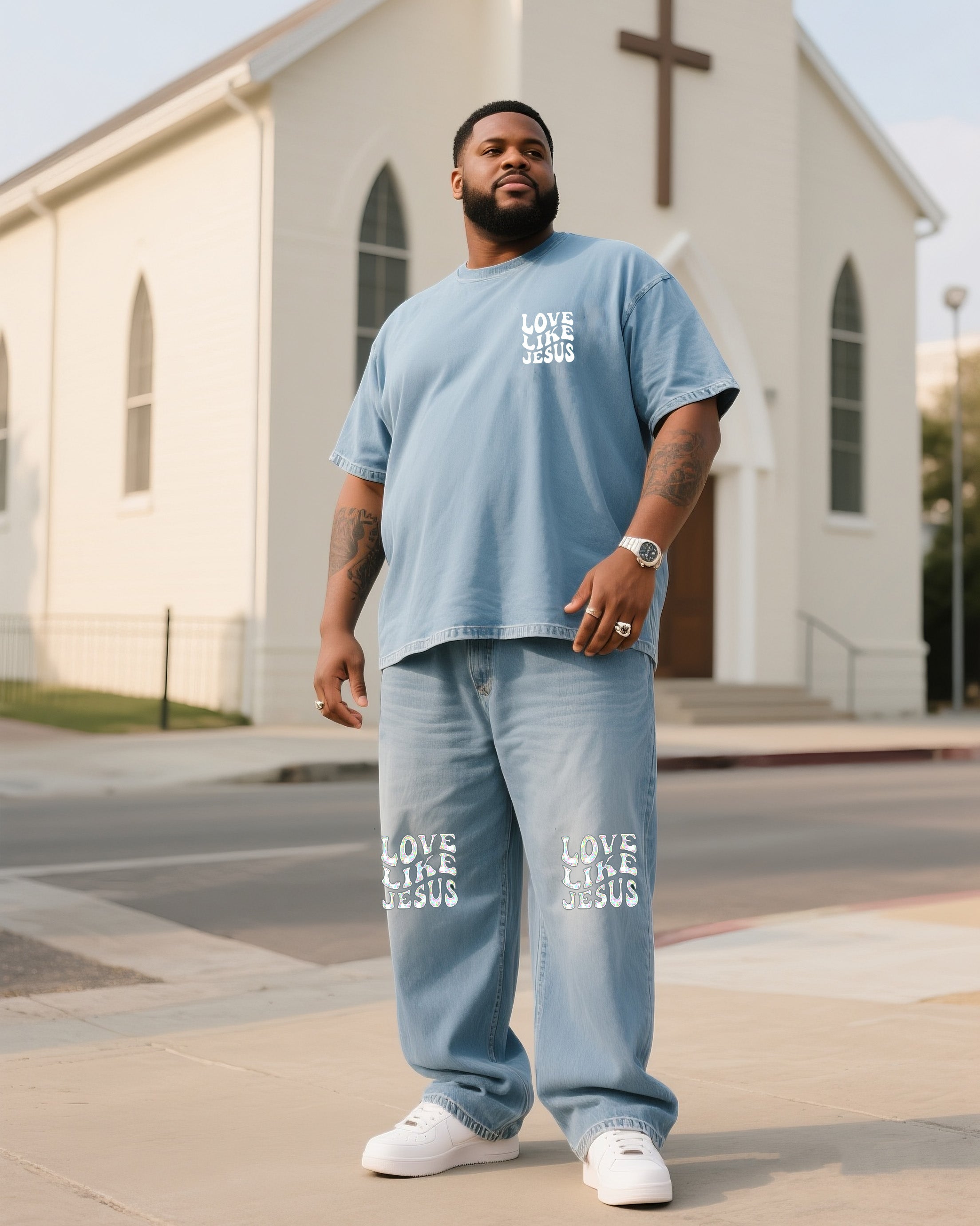 Big & Tall Denim T-Shirt Pants Set for big men view 1