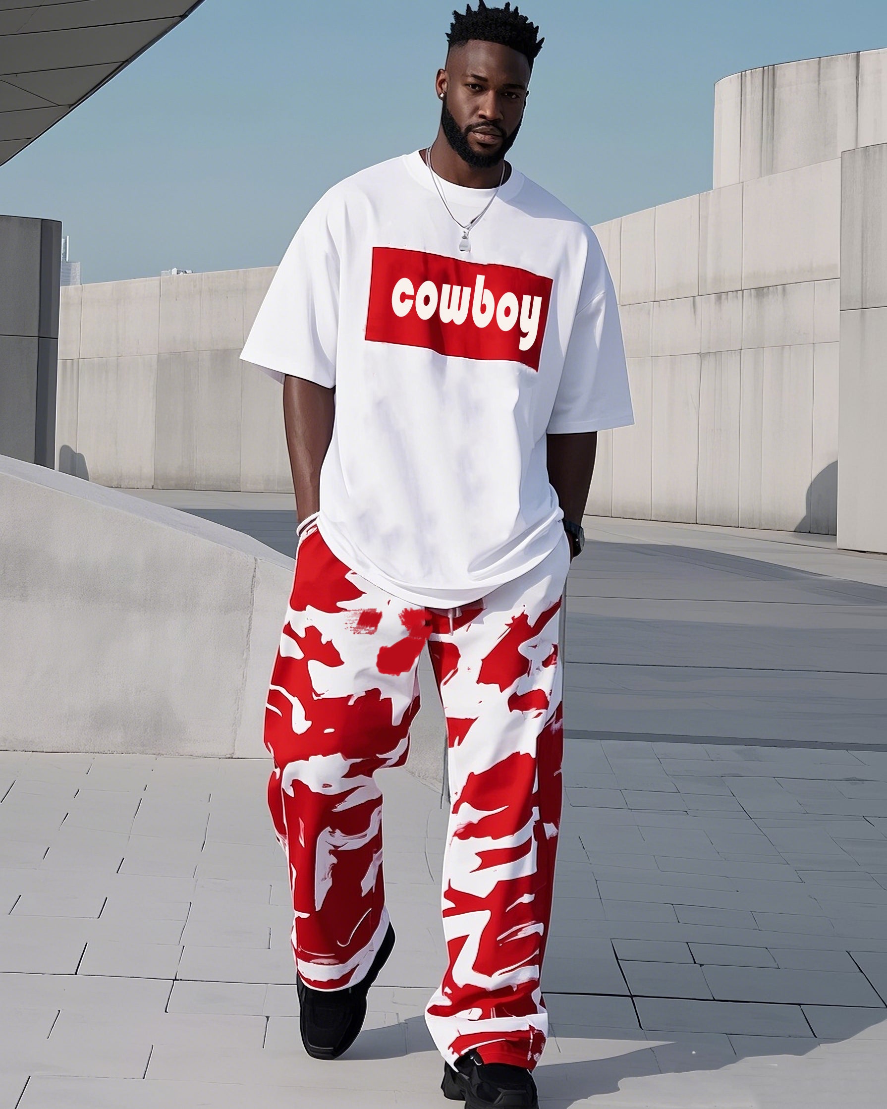 Big & Tall White Red Geometric T-Shirt Pants Set for big men view 1