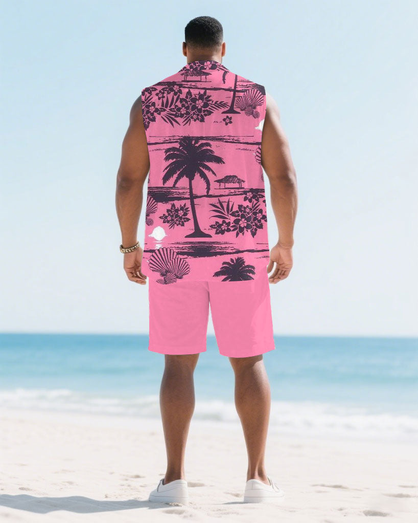 Big & Tall Pink Hawaiian Graphic T-Shirt Shorts Set for big men view 4