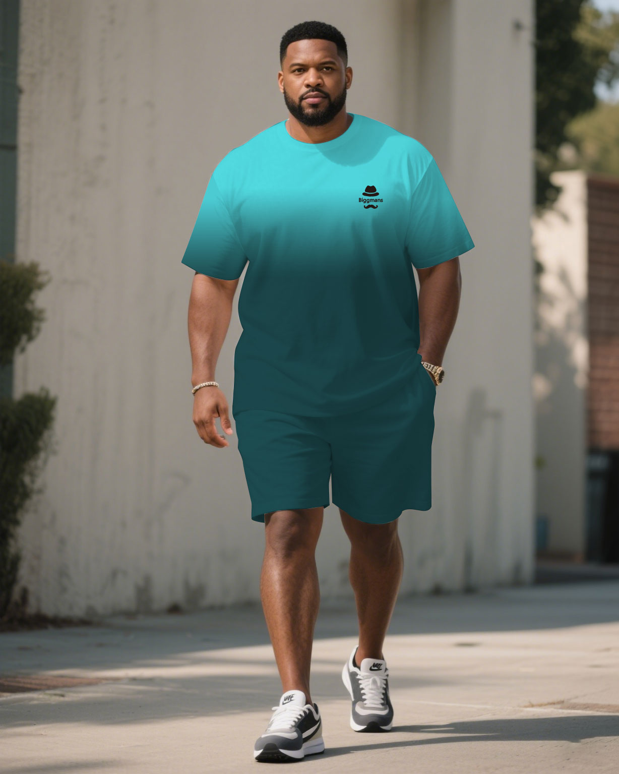 Big & Tall Blue Green Gradient T-Shirt Shorts Set for big men view 1