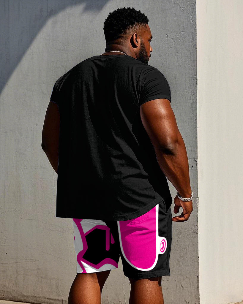 Big & Tall Black Pink Streetwear T-Shirt Shorts Set for big men view 4