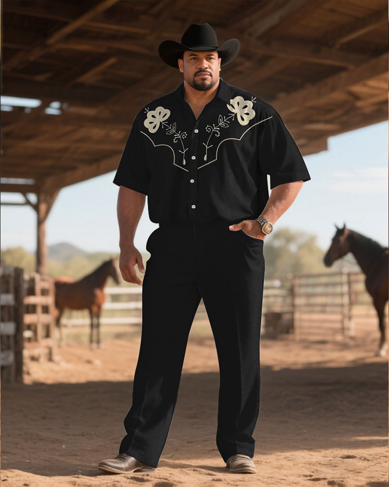 Big & Tall Black Western Denim T-Shirt Pants Set for big men view 1