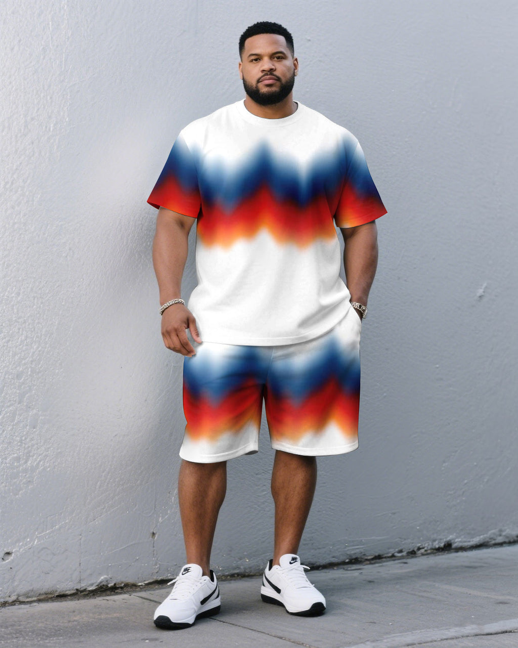 Big & Tall White Streetwear T-Shirt Shorts Set for big men view 1