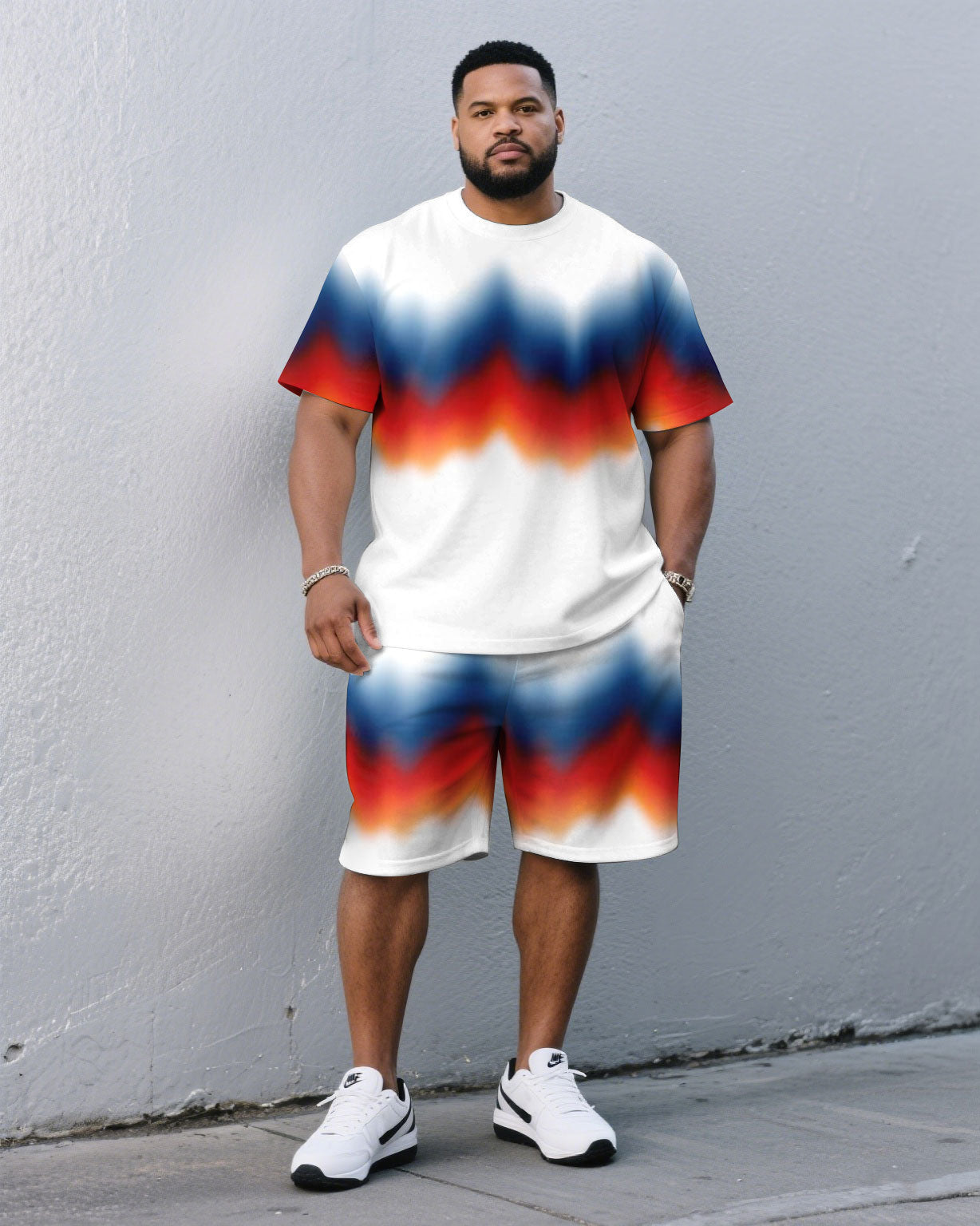 Big & Tall White Streetwear T-Shirt Shorts Set for big men view 1