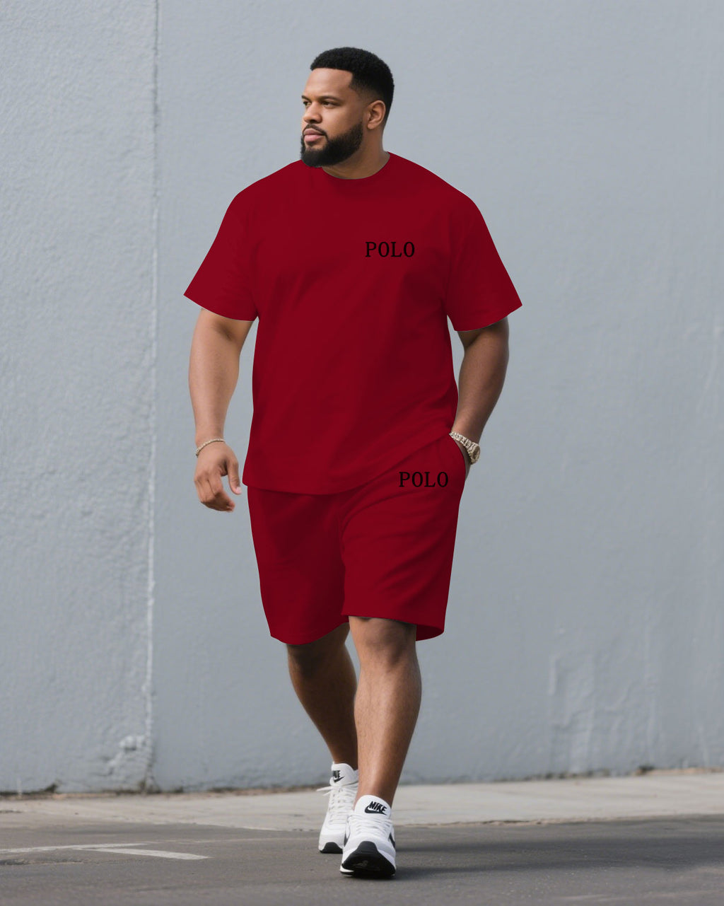 Big & Tall Khaki Red Streetwear T-Shirt Pants Set for big men view 5