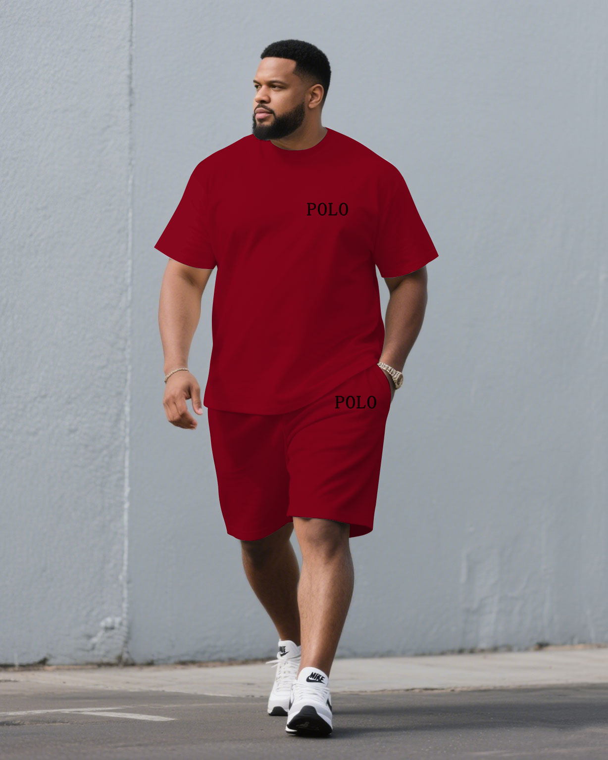 Big & Tall Khaki Red Streetwear T-Shirt Pants Set for big men view 5