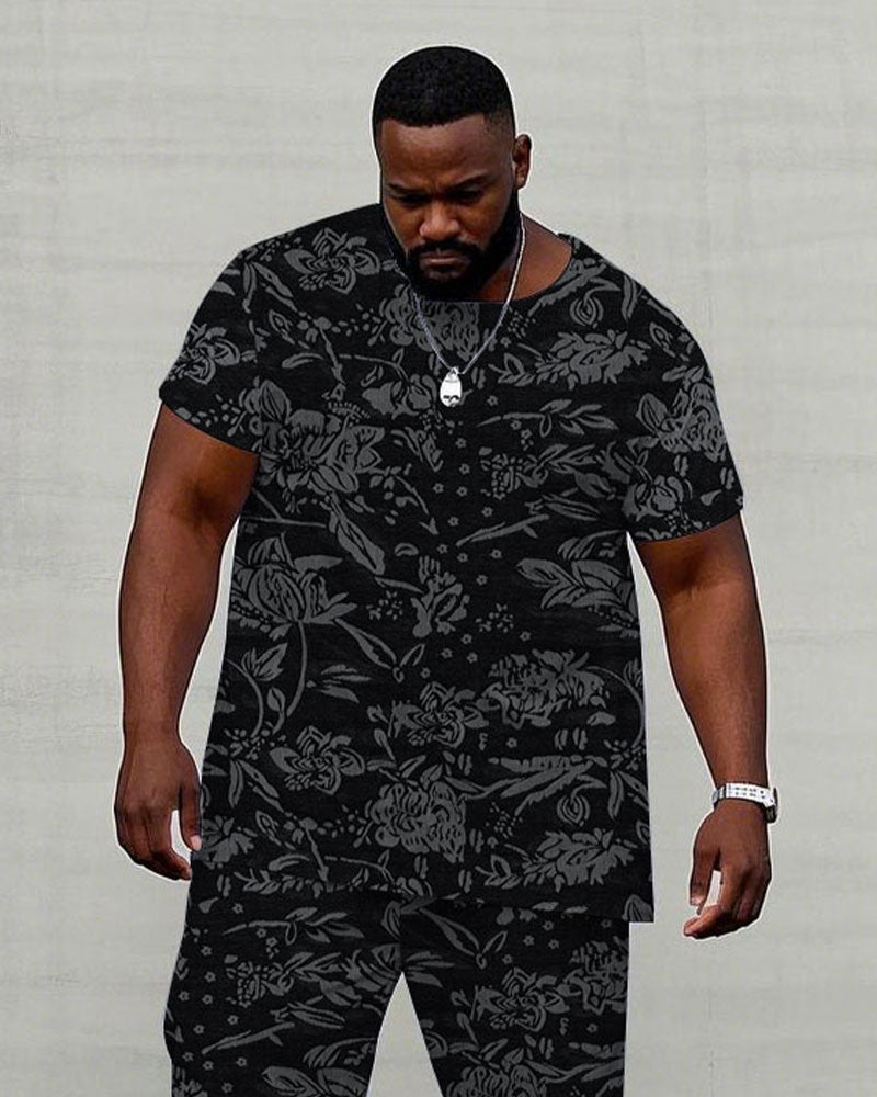 Big & Tall Black Floral T-Shirt Pants Set for big men view 2