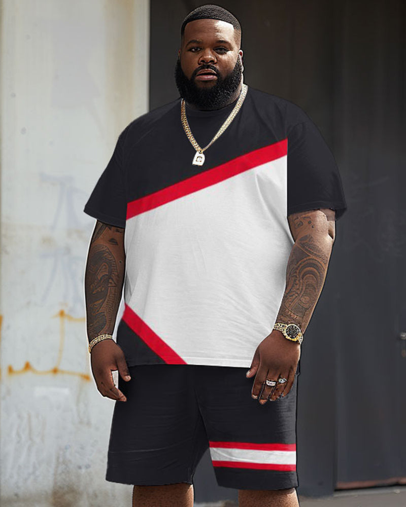 Big & Tall Red Colorblock Striped T-Shirt Shorts Set for big men view 1