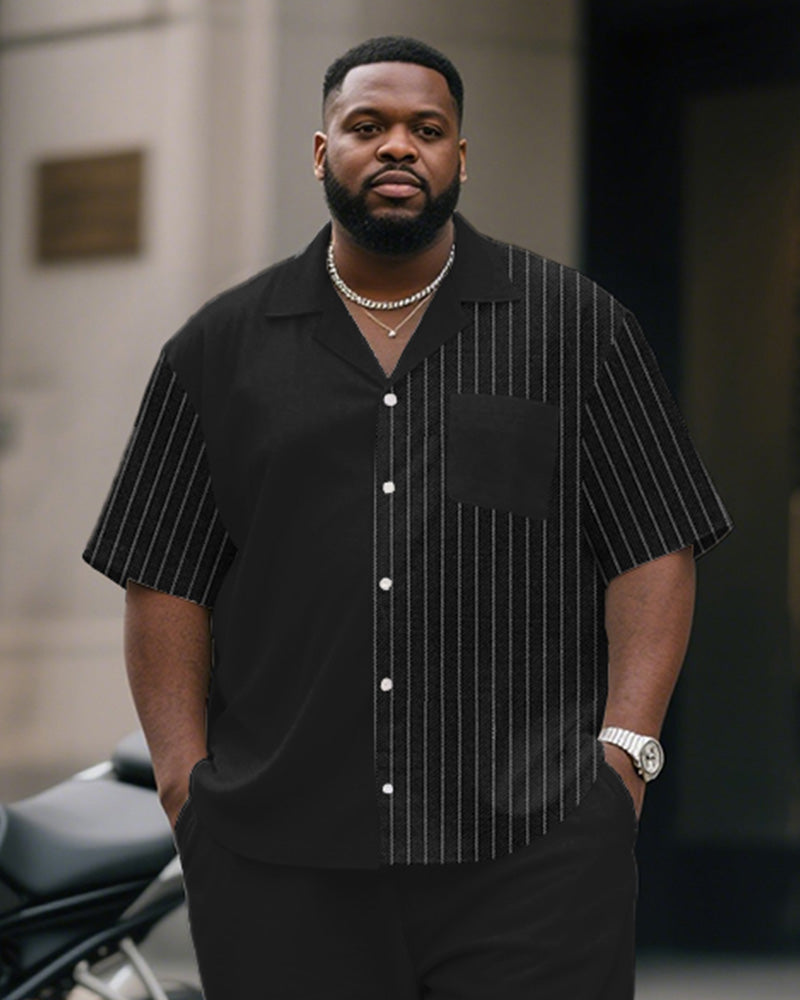 Big & Tall Black Striped Patchwork T-Shirt Pants Set for big men view 2