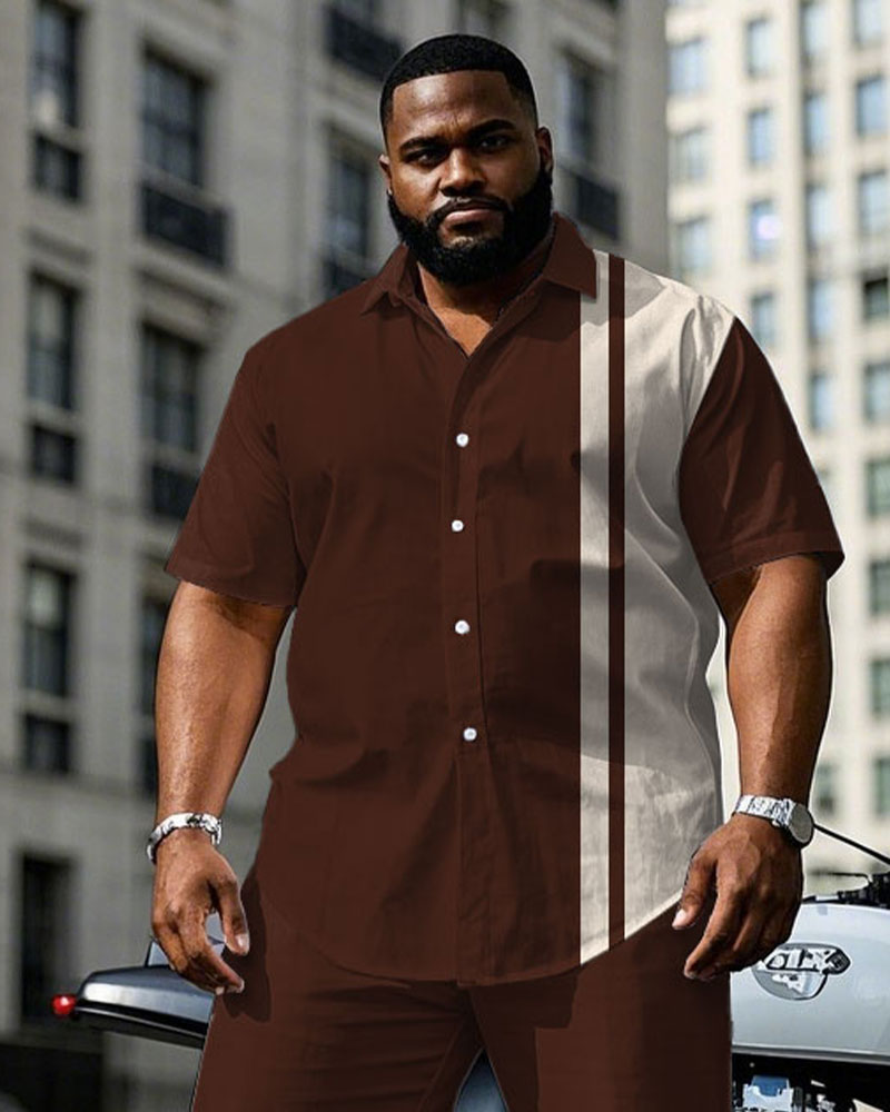 Big & Tall Brown Red Colorblock T-Shirt Pants Set for big men view 2