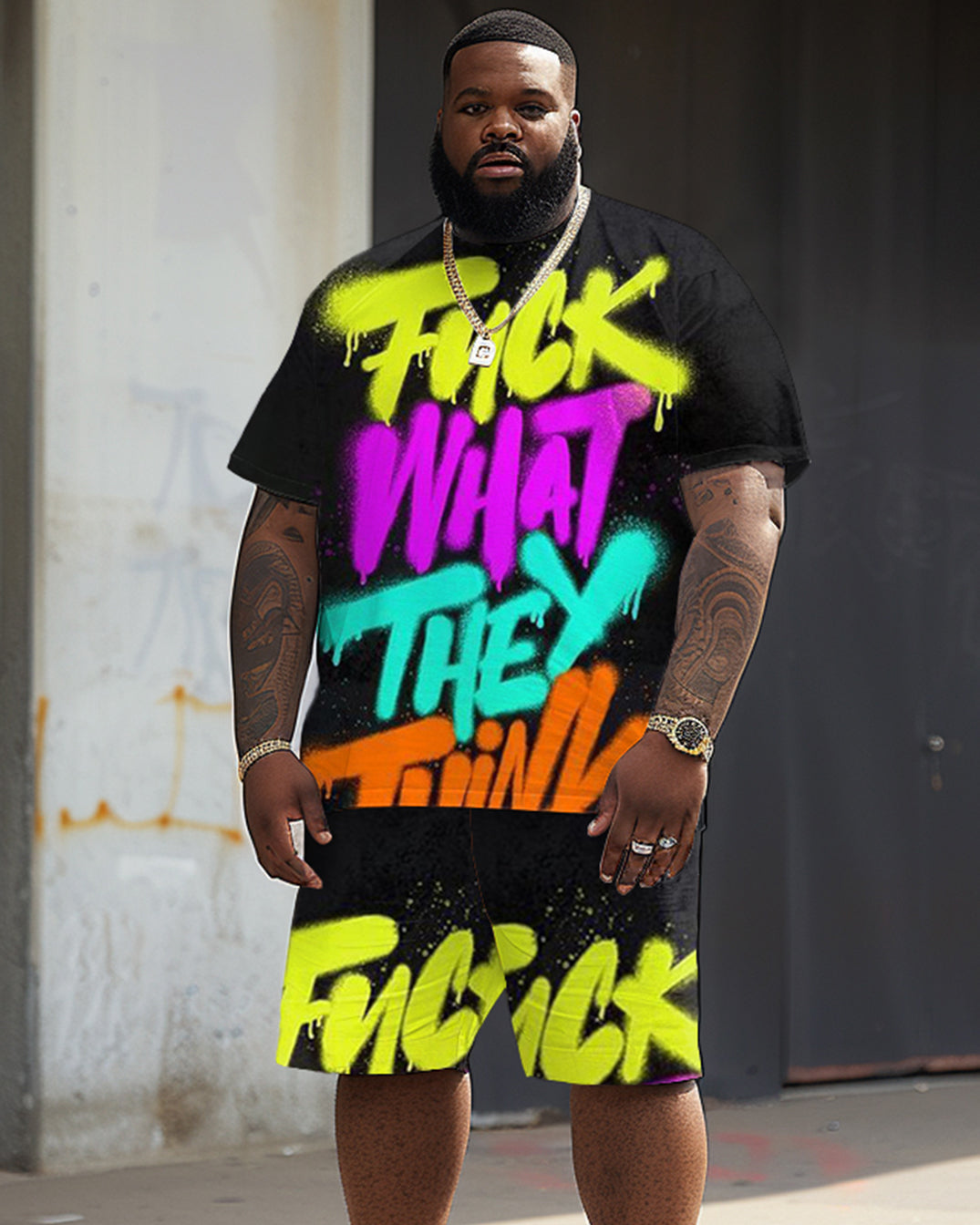 Big & Tall Graphic Streetwear T-Shirt Shorts Set for big men view 1