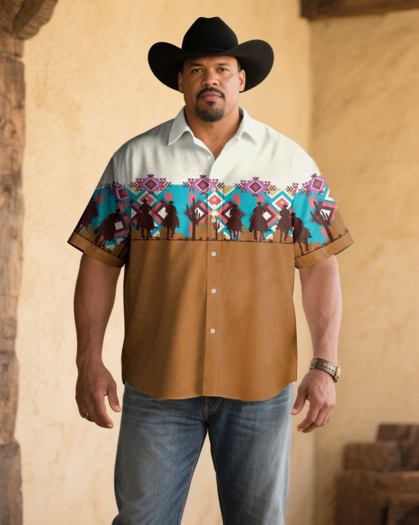 Big & Tall Western Denim Patchwork Short Sleeve Shirt for big men view 1