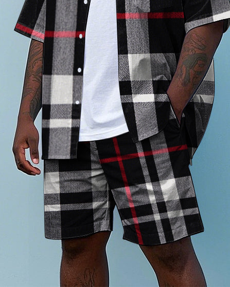 Big & Tall Black Plaid T-Shirt Shorts Set for big men view 3