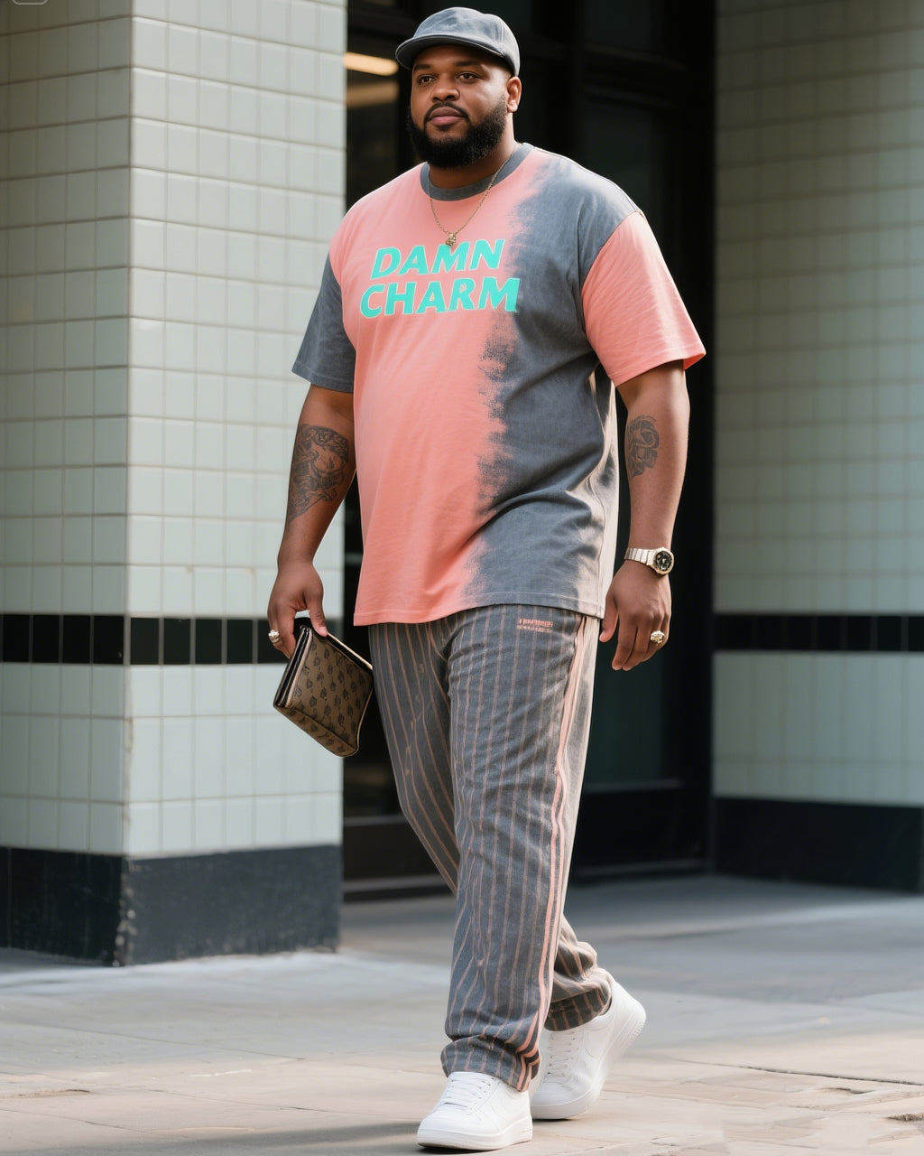 Big & Tall Gradient Graphic Streetwear Two-piece Set for big men view 1