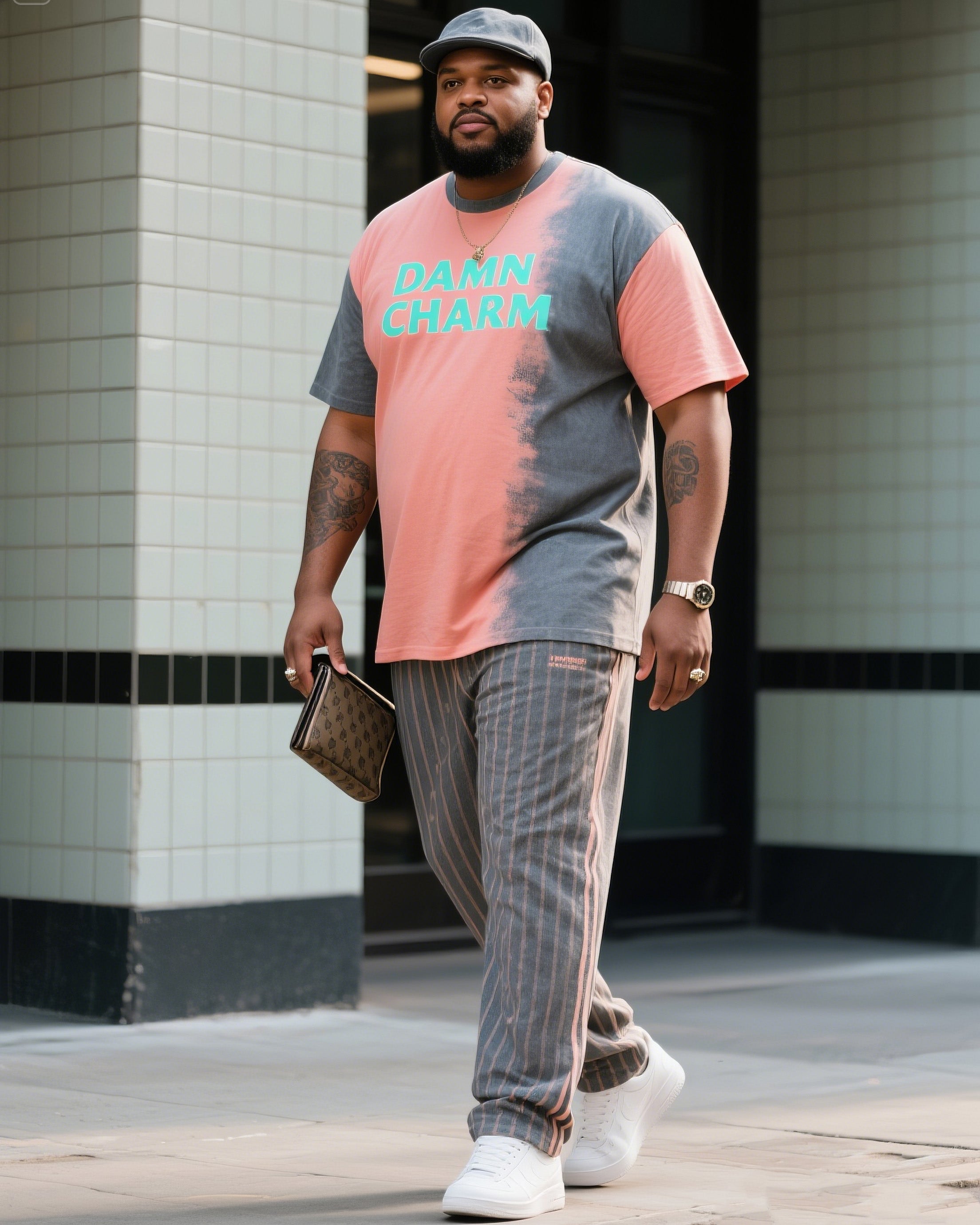 Big & Tall Gradient Graphic Streetwear Two-piece Set for big men view 1