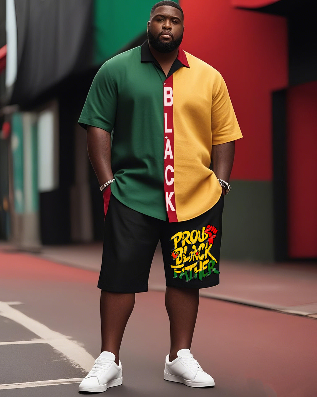 Big & Tall Black Green Splash Ink T-Shirt Shorts Set for big men view 1