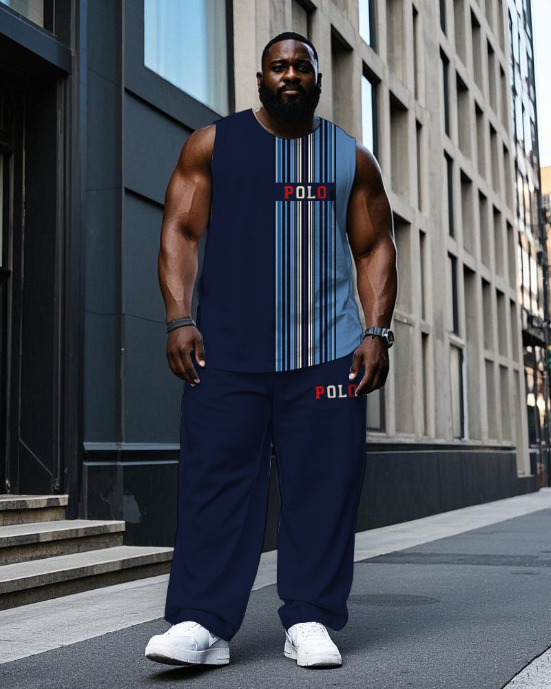 Big & Tall Blue Colorblock Striped Vest Pants Set for big men view 1