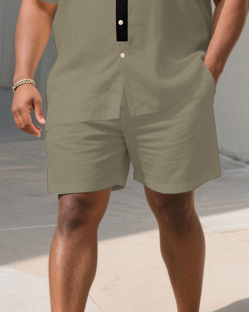 Big & Tall Black Khaki Hawaiian T-Shirt Shorts Set for big men view 3