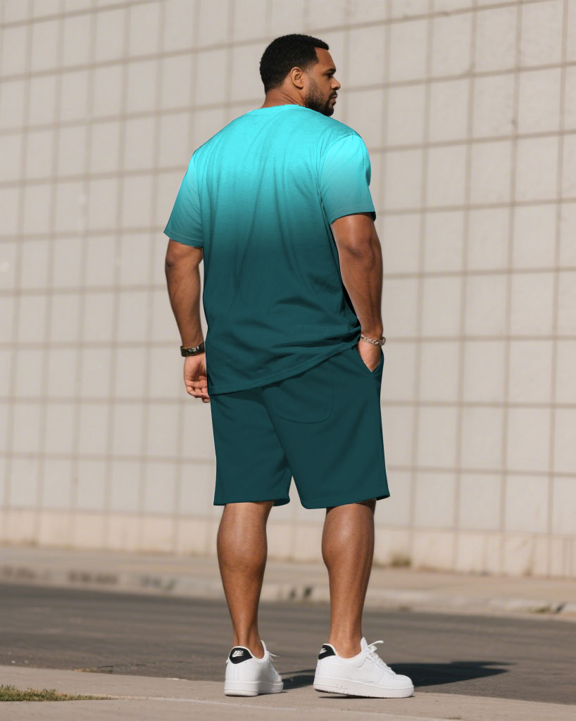 Big & Tall Blue Green Gradient T-Shirt Shorts Set for big men view 4