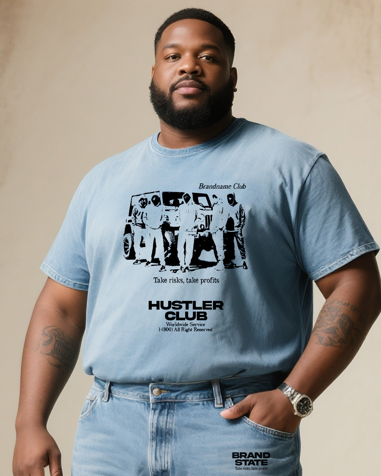 Big & Tall Black Denim Graphic T-Shirt Shorts Set for big men view 2