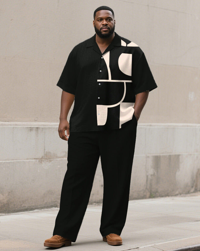 Big & Tall Black Geometric Graphic T-Shirt Pants Set for big men view 1