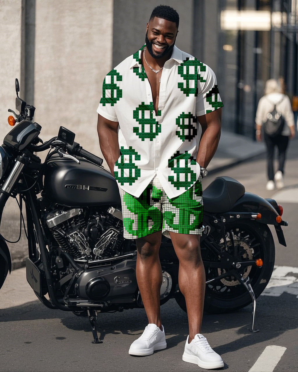 Big & Tall White Green Graphic T-Shirt Shorts Set for big men view 1