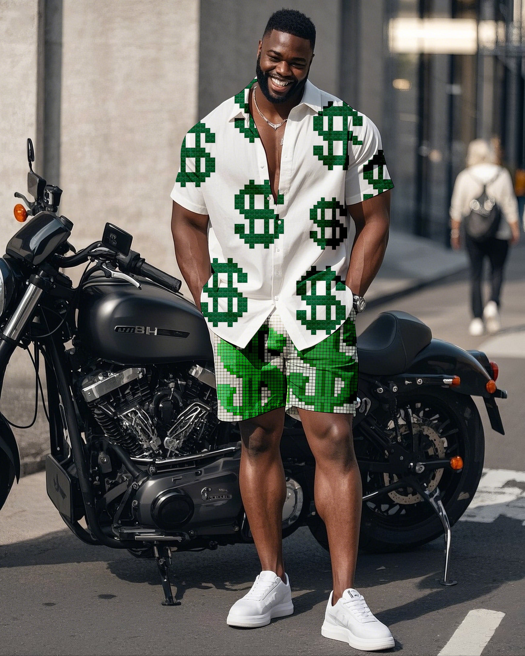 Big & Tall White Green Graphic T-Shirt Shorts Set for big men view 1