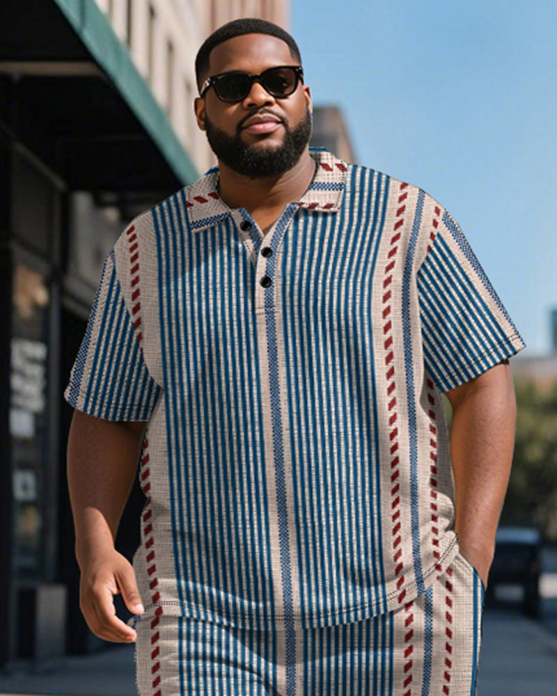 Big & Tall Blue Striped Graphic Polo Shorts Set for big men view 3