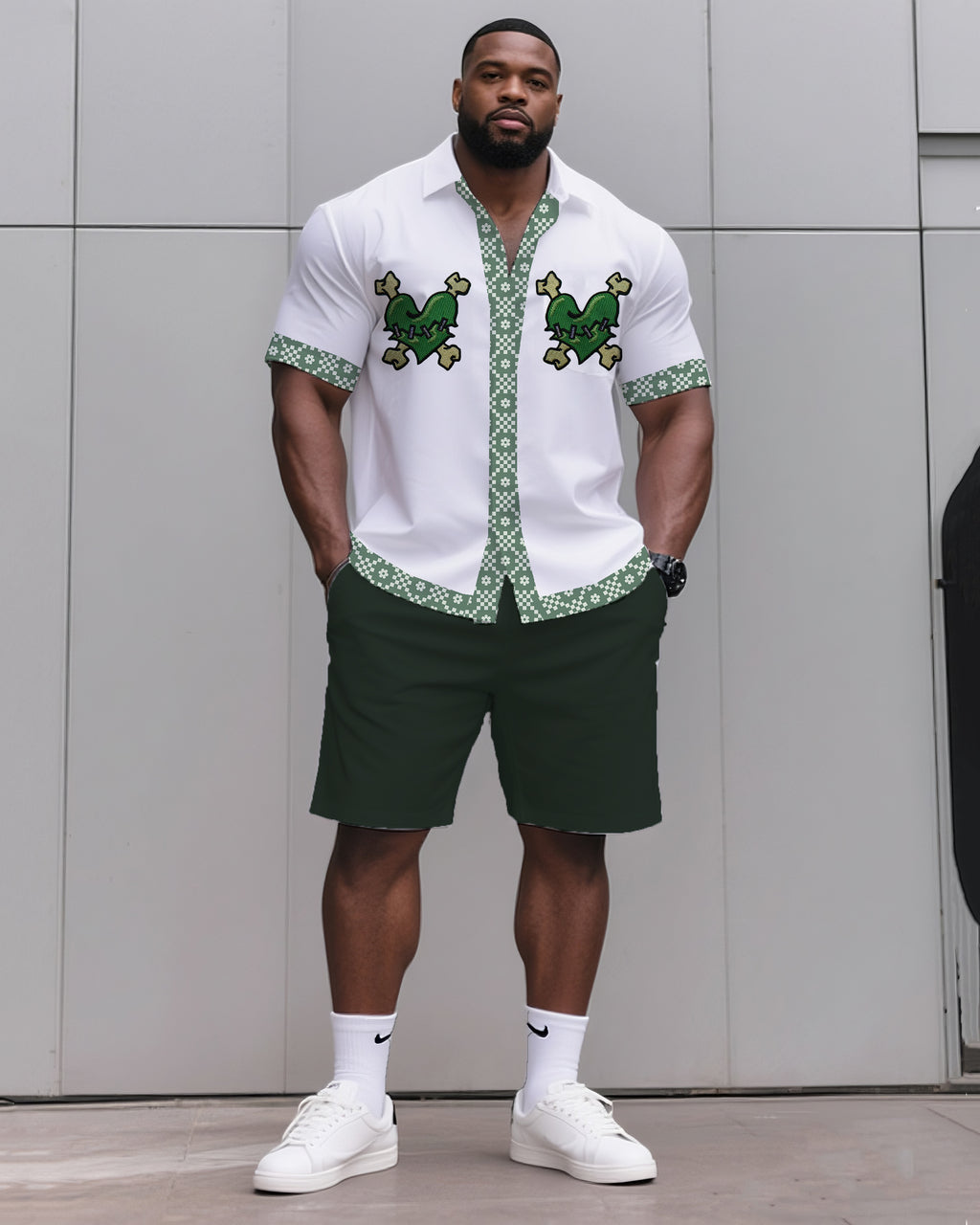 Big & Tall Green Skull T-Shirt Shorts Set for big men view 1
