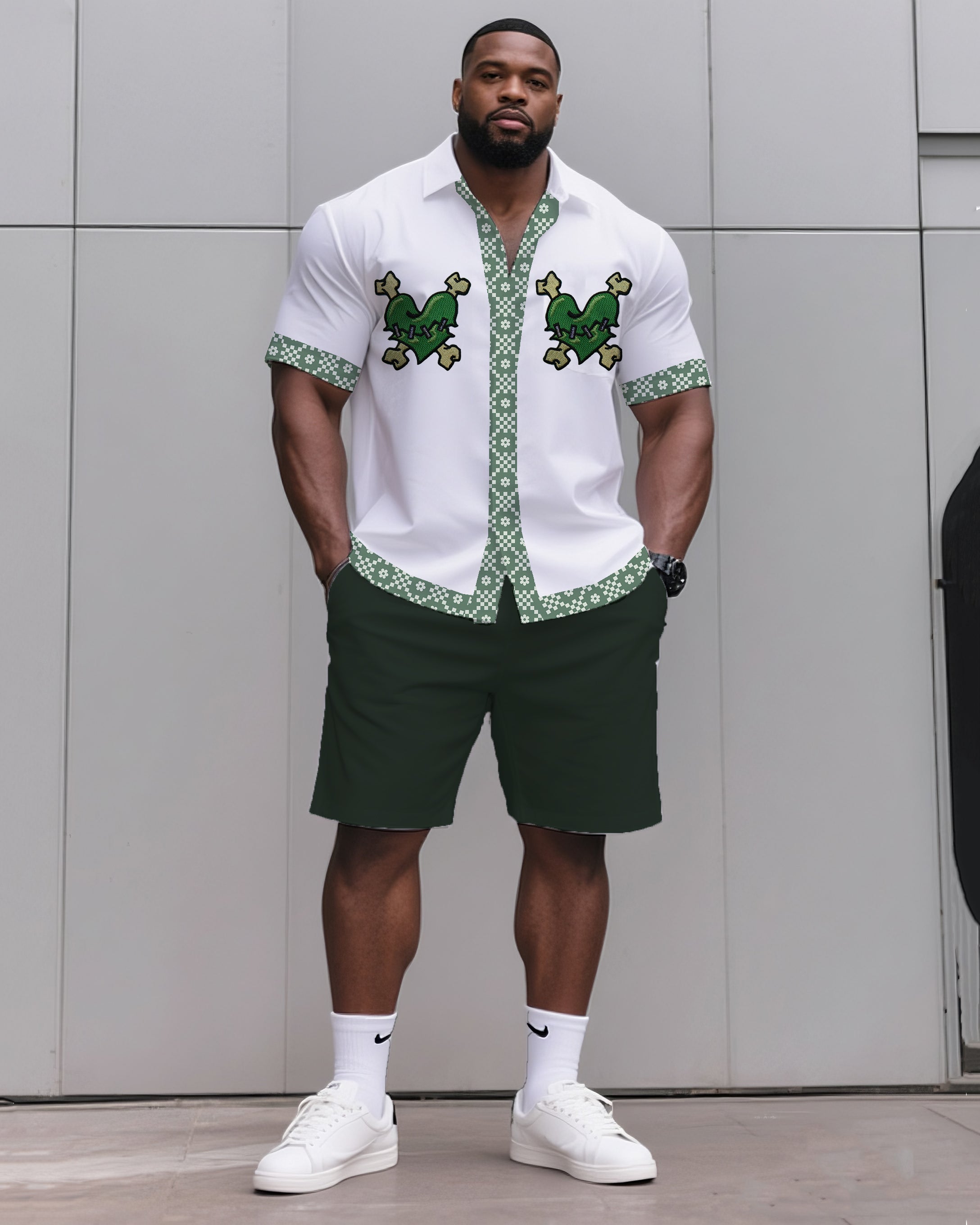 Big & Tall Green Skull T-Shirt Shorts Set for big men view 1