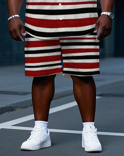 Big & Tall Black Red Striped T-Shirt Shorts Set for big men view 3