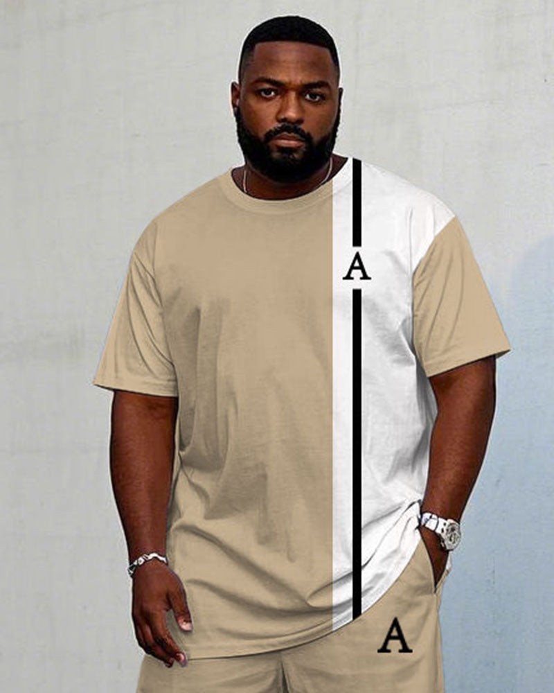 Big & Tall White Khaki Colorblock T-Shirt Pants Set for big men view 2