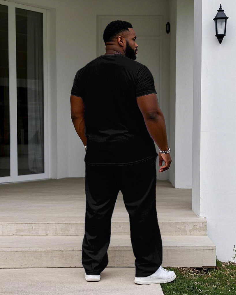 Big & Tall Black Orange Colorblock T-Shirt Pants Set for big men view 4