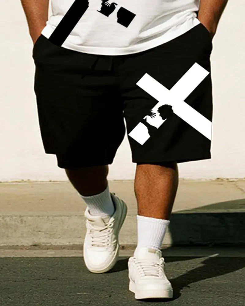 Big & Tall Black White Graphic T-Shirt Shorts Set for big men view 3