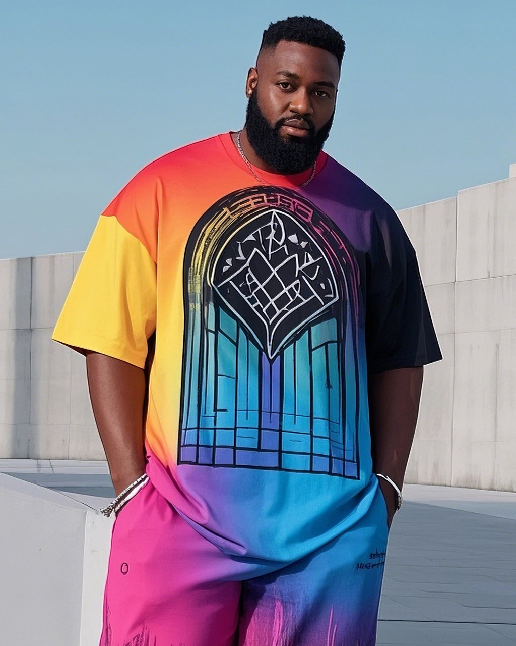 Big & Tall Gradient Graphic T-Shirt Pants Set for big men view 2