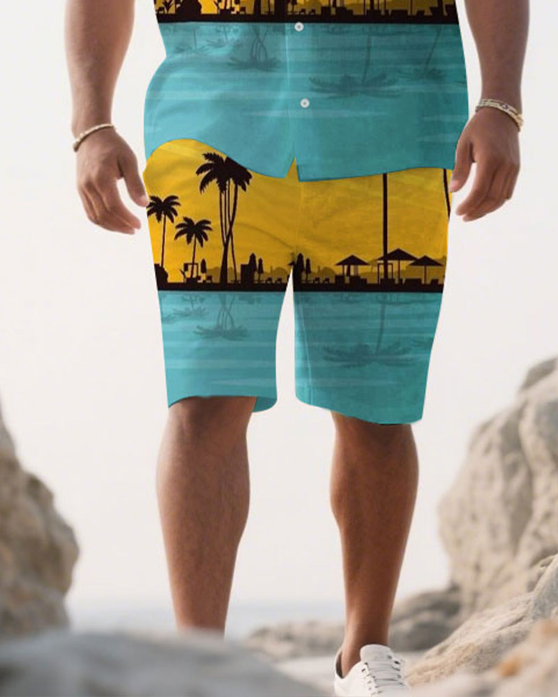 Big & Tall Blue Yellow Hawaiian Shirt Shorts Set for big men view 3