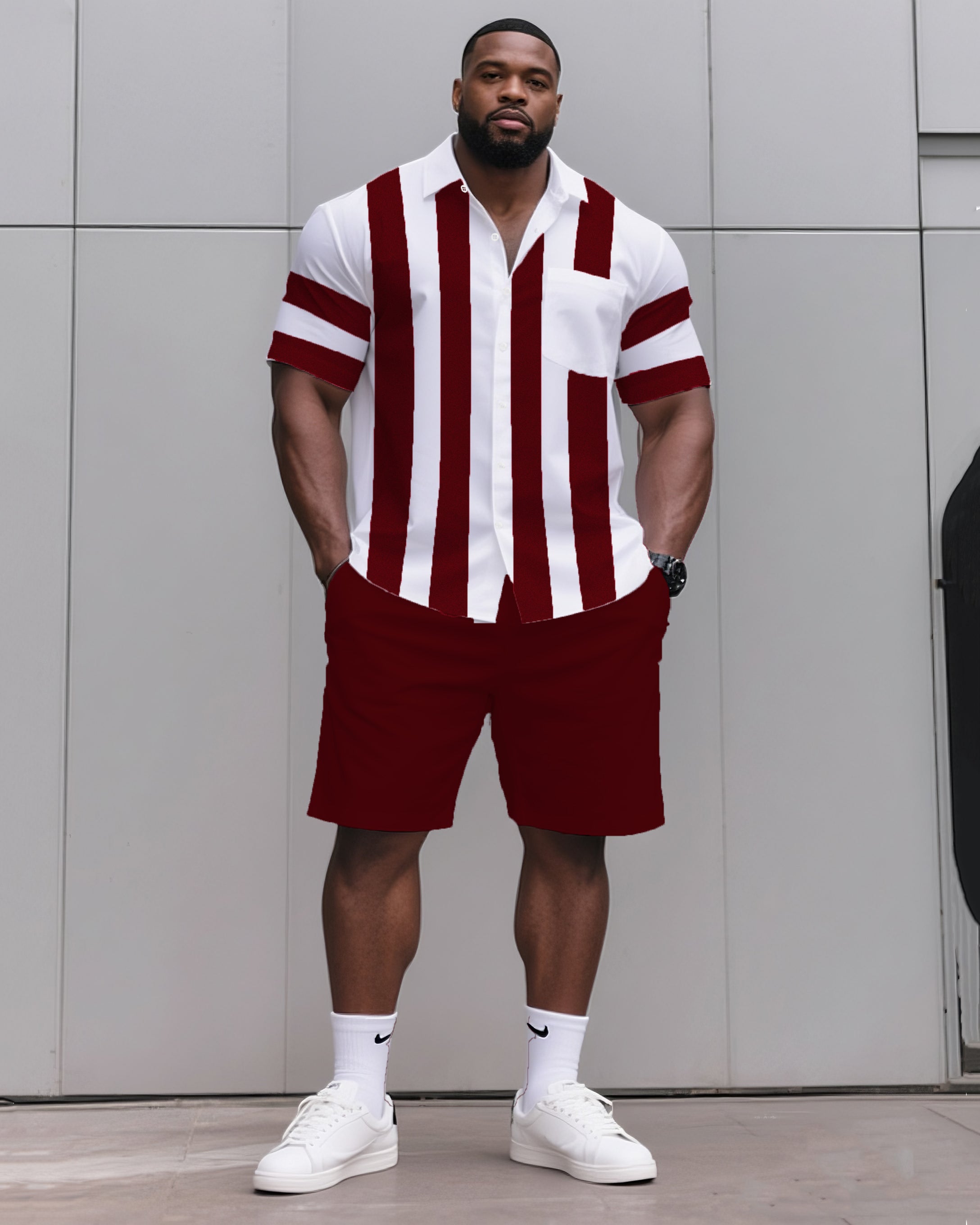Big & Tall Black Blue Striped T-Shirt Shorts Set for big men view 5
