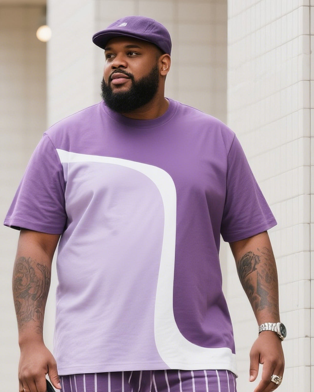 Big & Tall Purple Striped Streetwear Two-piece Set for big men view 2