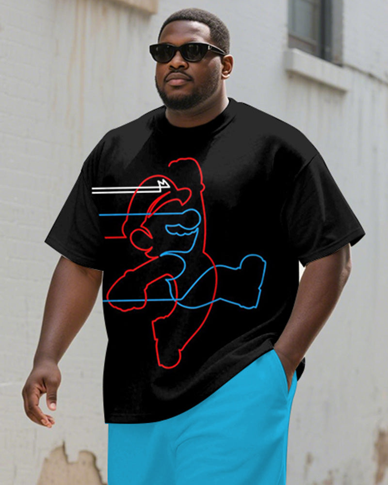 Big & Tall Black Blue Graphic T-Shirt Shorts Set for big men view 2