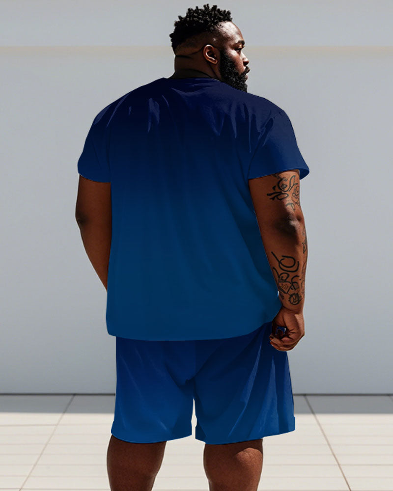 Big & Tall Blue Graphic Streetwear T-Shirt Shorts Set for big men view 4