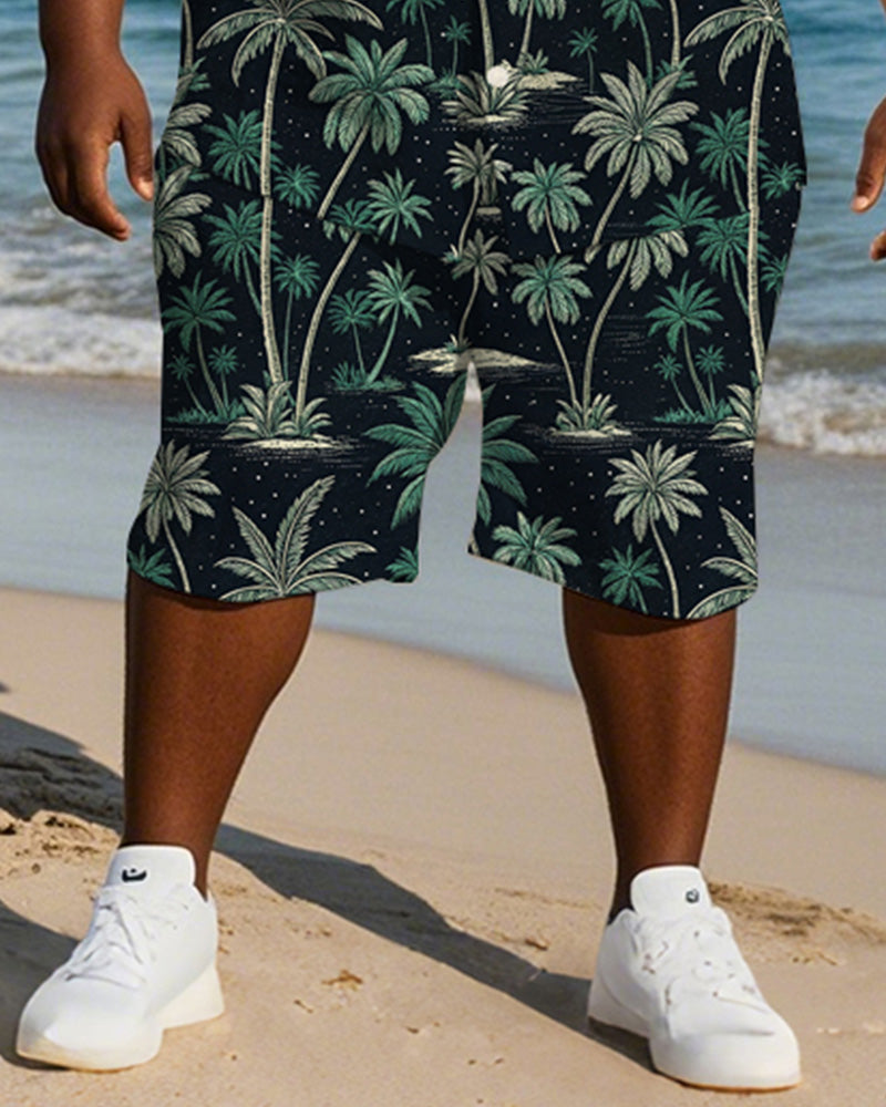 Big & Tall Black Green Hawaiian T-Shirt Shorts Set for big men view 3