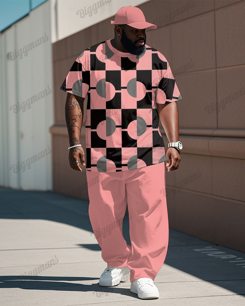 Big & Tall Pink Geometric Graphic T-Shirt Pants Set for big men view 1