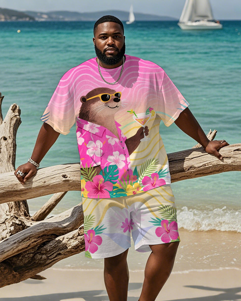 Big & Tall Pink Hawaiian Graphic T-Shirt Shorts Set for big men view 1