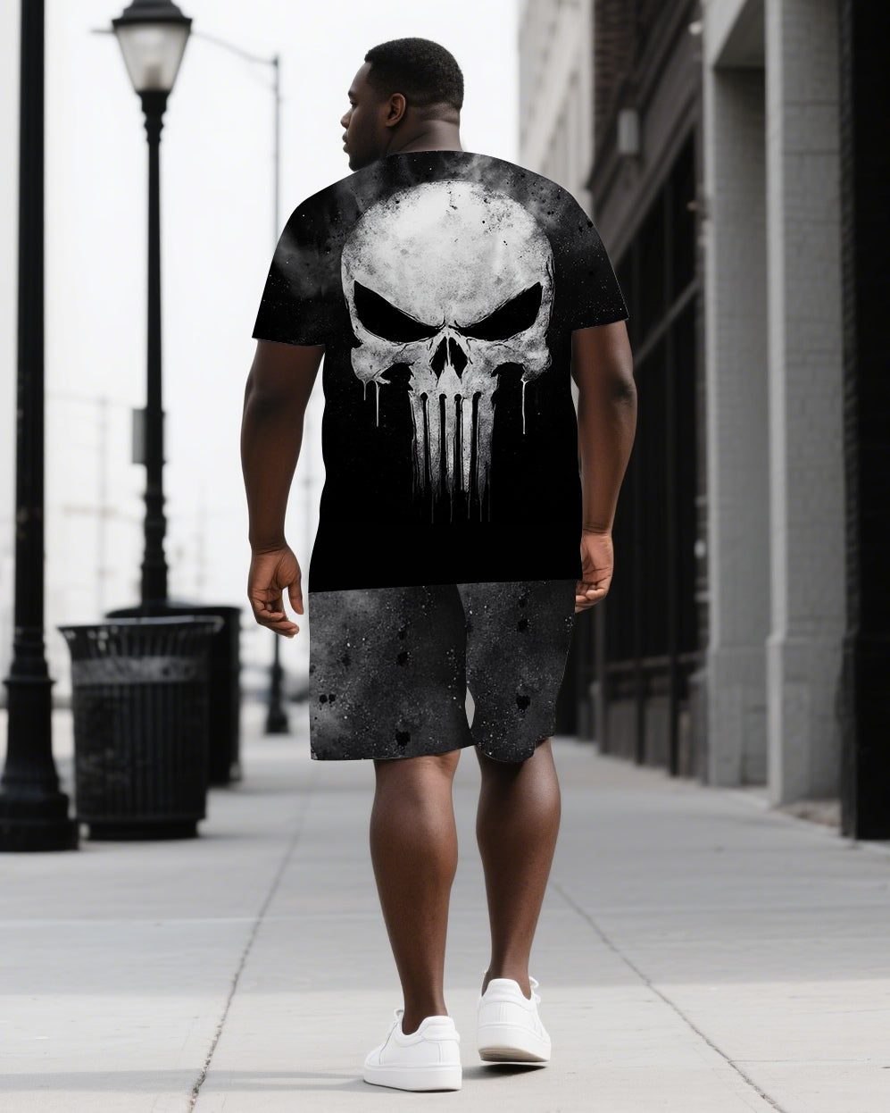Big & Tall Black Graphic Skull T-Shirt Shorts Set for big men view 1