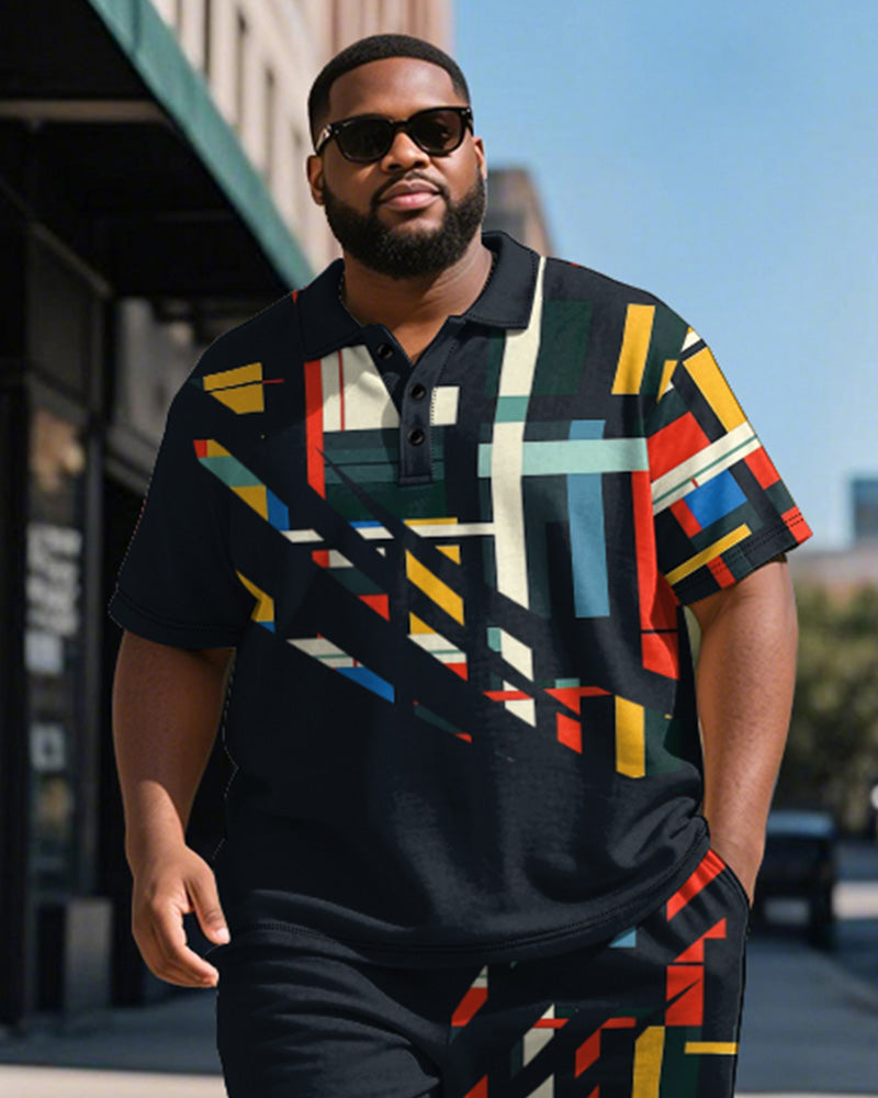 Big & Tall Black Geometric Graphic Polo Shorts Set for big men view 3