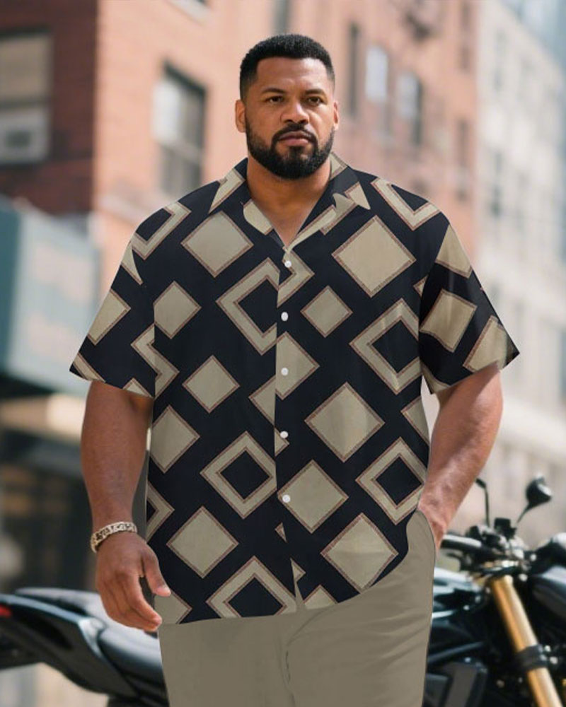 Big & Tall Black Khaki Geometric T-Shirt Pants Set for big men view 2