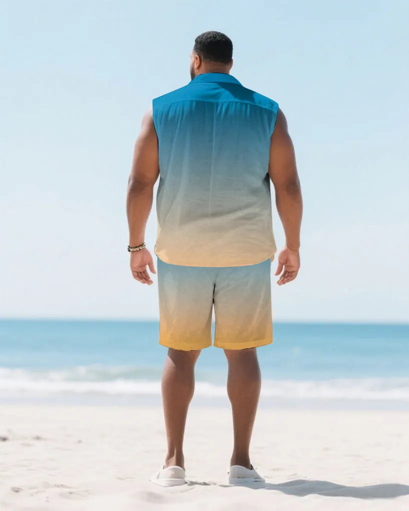 Big & Tall White Blue Hawaiian T-Shirt Shorts Set for big men view 4