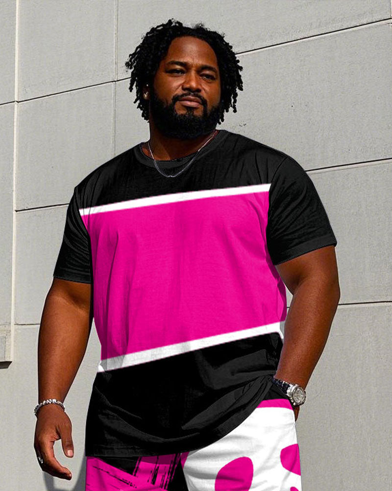 Big & Tall Black Pink Streetwear T-Shirt Shorts Set for big men view 2