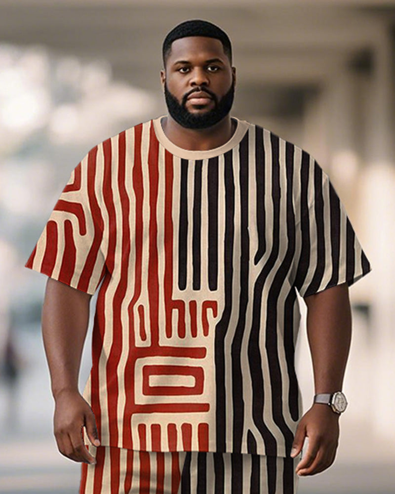 Big & Tall Black Red Geometric T-Shirt Shorts Set for big men view 2